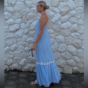 Zara Light Blue Spaghetti Strap Maxi Dress with Lace Trim